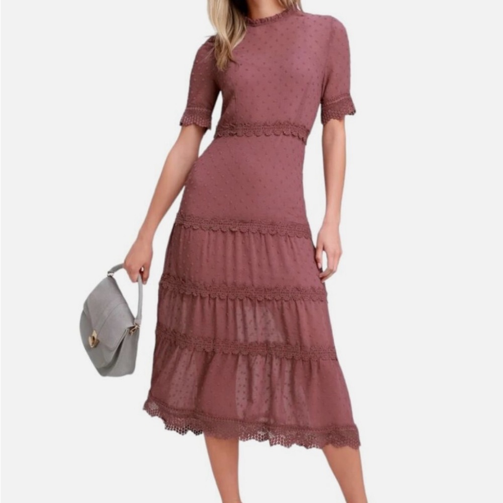 Lulu’s Dreaming of You Mauve Swiss Dot Midi Dress Small